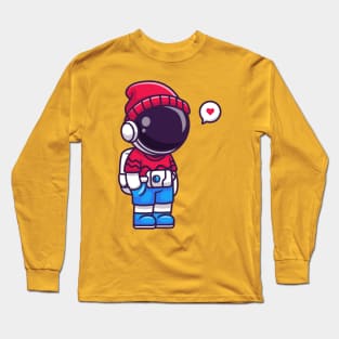 Cute Cool Astronaut Wearing Beanie Hat Cartoon Long Sleeve T-Shirt